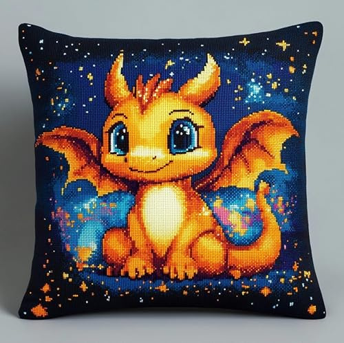 ASONGLINGO Kit de almohada con gancho de pestillo, funda de almohada impresa, hilos de ganchillo, cojín de gancho,Cojines con Cierre de Gancho 43x43cm(Dragón de dibujos animados)