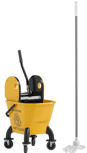 HOMCOM Chariot de ménage Chariot de Lavage Chariot de Nettoyage Professionnel avec essoreuse à Pression Seau 26 L, poignée et serpillère, 45 x 31 x 90 cm, Jaune