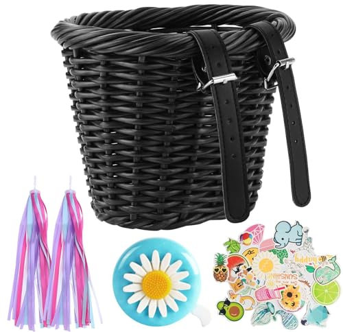 ETUCYNG 20 X 16 X 15 cm Fahrradkorb Kinder Laufrad Lenkerkorb Fahrradkörbchen Geflochten Schwarz Rollerkorb Mit Fahrradklingel Luftschlangen Aufkleber Abnehmbar Fahrrad Zubehör Für Junge Mädchen