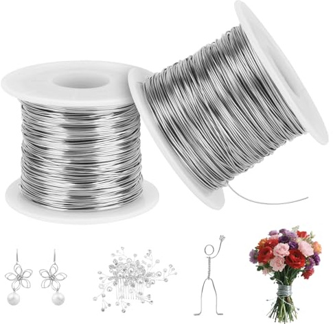 2 rullar 100 m silvertråd för pyssel, 0,5 mm pysseltråd tunna med spole, 304 böjbar rostfri tråd, antioxidant smyckestråd silver för blomdekoration av smycken, smyckestillverkning och bonsai