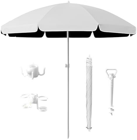 Parasol de Plage Portable Installation Facile et Rapide Pliable Parasol de Jardin Protection UV Imperméable Parasol de Balcon pour Terrasse, Piscine, Marché, Campings(Beige,1.8m/5.9ft)