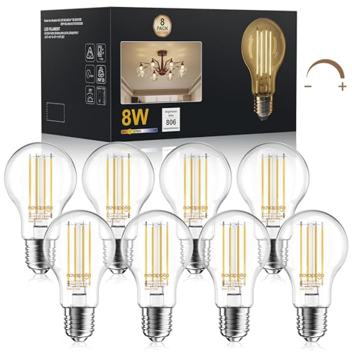novapollo E27 Dimmable Bulb 8W (60W Equivalent) Edison Screw - Warm White 2700k Vintage Light, 806lm Decorative Bulbs, High CRI Screw Light Bulb for Bedroom Living Room UK CA Certified (Pack of 8)