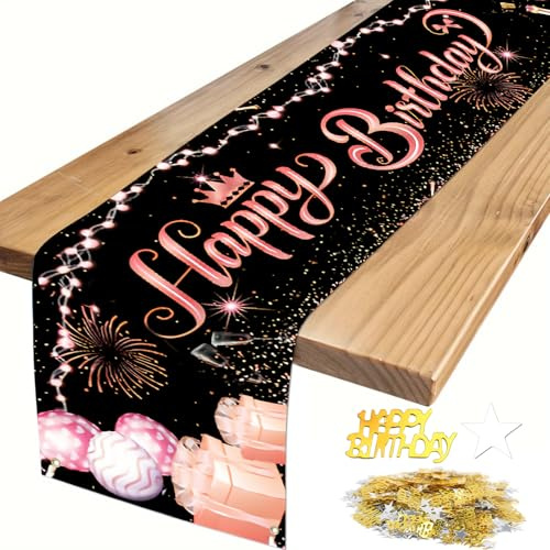 Tischläufer Geburtstag Schwarz Gold, Happy Birthday Tischdecke mit Konfetti | Tischdeko Geburtstag für Junge Mädchen Party Geburtstagsdeko, 180 x 40 cm