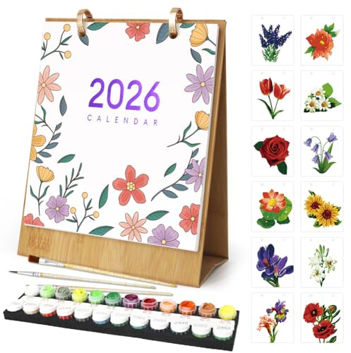 3D-kalender 2026, måla efter siffror bordskalender 2026, gör-det-själv bordskalender med 12 blommor växter, inkl. pensel – perfekt för dekoration/presenter (gröna växter) (B)