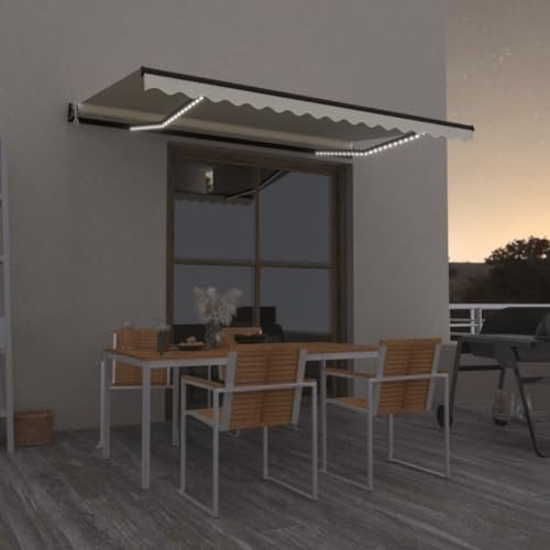 Tenda da Sole Automatica con LED e Sensore Vento, Tessuto Poliestere Impermeabile, Telecomando, per Giardino Terrazzo Balcone, Crema e Antracite, 400 x 350 cm