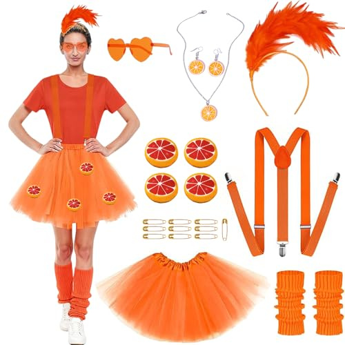 RURIZHONGTIAN AperolKostüm Damen Set, Tüllrock Orange Erwachsene, mit Orangen Hosenträger, Orange Stulpen, Feder Stirnband, Ohrringe, Halskette, Herz Brille, für Karneval Party Fasching Zubehör