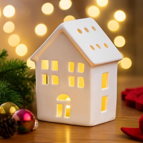 Ferakum Weihnachtsdeko Weihnachtsdorf mit Beleuchtung, Weihnachten Keramik Weiß Häuser Nachtlicht, Weihnachtsdeko Beleuchtet Weihnachtshaus Windlicht Haus Weihnachtshäuser Weihnachten Deko (B)