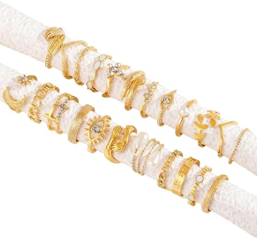 CHUANFU 23 Piezas Anillos Set Mujer, Boho Anillo Vintage Ajustable Anillo de Apilamiento, Nudillo Anillos de Dedo Regalo de Cumpleaños para Familiares o Parejas, Oro