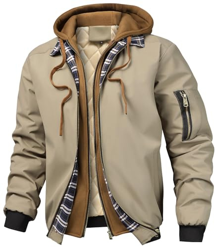 MEDUOLA Blouson Homme avec Capuche Double Zippé Hiver Manches Longues avec Poches Chaud Veste Sport DéContracté Manteau (M,Kaki)