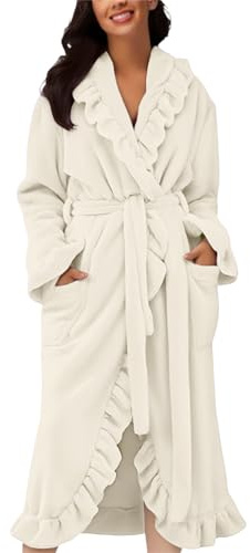 YCBMINGCAN Peignoir long moelleux et chaud pour femme avec volants pour l'automne et l'hiver - Manteau de sauna en polaire doux avec ceinture et poches - Peignoir léger, #1 - Blanc, L