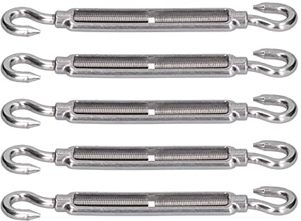 CHICIRIS 304 Stainless Steel Turnbuckle Set, Rust Resistant Double Hooks Wire Rope Tension for Shade Sail Hardware, Pack of 5 (M6)