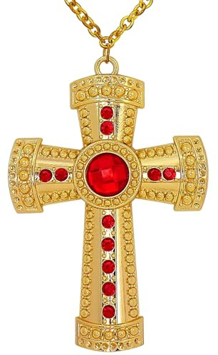 TrendandStylez Große Priester Kette mit Kreuz Anhänger in Gold-Rot – Steine Bischofskreuz als Kostüm-Accessoire für Papst, Mönch & Kardinal, ideal für Karneval, Halloween & Mottoparty