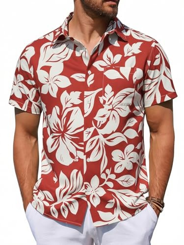 Runcati Camisa hawaiana para hombre, de manga corta, con botones, flores, para tiempo libre, tropical, de playa, talla normal, para fiestas, con bolsillo en el pecho, rojo, M