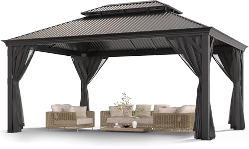 TRIUMPHKEY Alu Pavillon 3,65 x 4,85 m Wasserdicht Stabil Winterfest, Hardtop Pavillion mit Doppeldach, Gartenpavillon mit Entwässerungssystem und Vorhängen, Pavilion für Hinterhöfe, Gärten, Grau