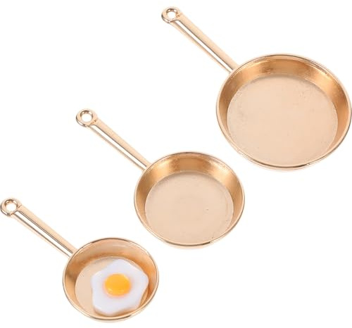 HEALSOPTHY Mini Poêles à Frire Miniatures en Métal Doré, Ensemble 3 Pièces 1 Œuf, Accessoires Décoratifs pour Maison de Poupée, Ustensiles Cuisine Miniatures Réalistes Cuisine