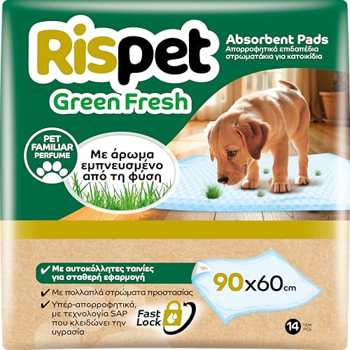 RISPET Alfombrillas higiénicas Green Fresh para Perros, 90 x 60 cm, Alta absorción con tecnología de Control de olores, 14 Unidades