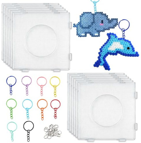 12 Stück Bügelperlen Platten 2.66 mm, Hitzebeständige Transparente Bügelperlen Vorlagen mit 12 Schlüsselanhängern & 20 Verbindungsringen, 52-Nadel Steckplatte Steckplatte Bastelset für DIY Accessoires