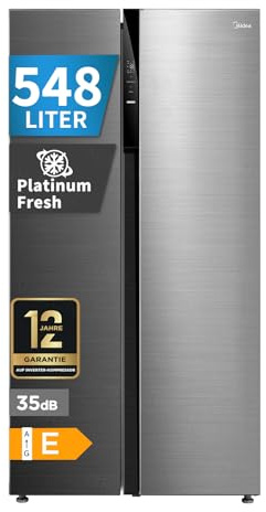 Midea Side-by-Side Kühlschrank 548 L, No Frost, Dual-Inverter, 35 dB | Multi-Air-Flow, Smart-Cooling, SuperCool & Freeze, Aktive Geruchsneutralisation, 176,5 cm hoch, Bru-Stahl, MERS530FGE46EU