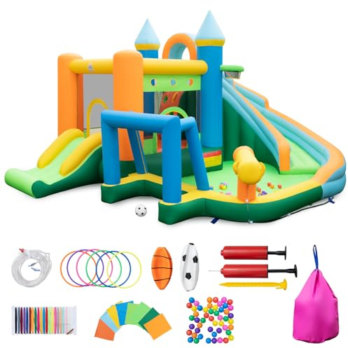 Inflatable Bouncy Castle, 9 in 1 Water Park Bounce House with Slide Splash Pool Pitching Game Climbing Wall Water Guns Basketball Rim Soccer Goal, Outdoor Obstacle Course for Kids Backyard