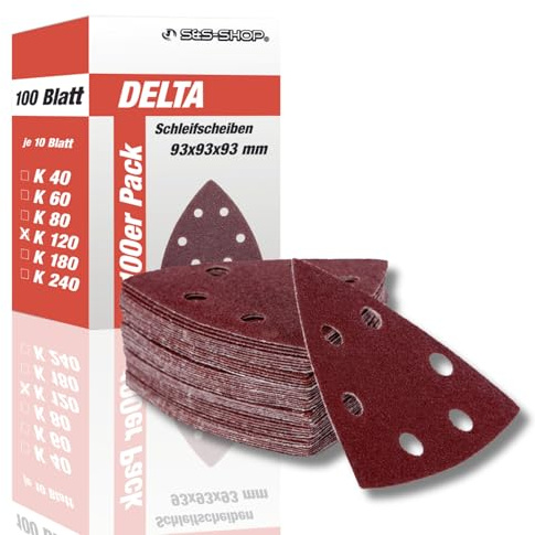 Delta-Schleifdreiecke mit Klett, Korn 120, 100 Stück, 93 x 93 x 93 mm, 6 Löcher, für Deltaschleifer & Multischleifer, Schleifpapier, Staubabsaugung