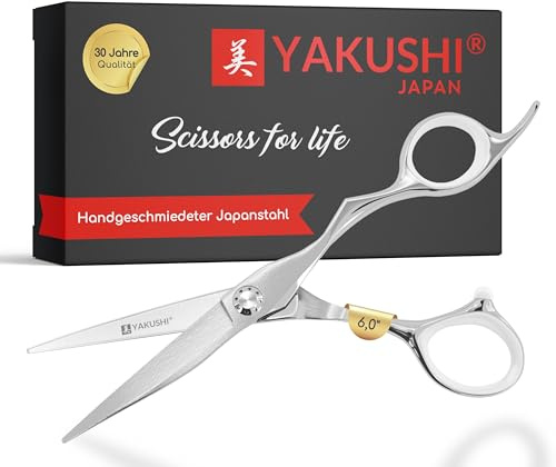 YAKUSHI JUNDO Haarschneideschere 5,5'' I Damaszener-Line I Schere aus mehrfach gefaltetem Edelstahl zweier Stahl-Legierungen I Friseurschere mit Flach-Screw & integriertem Fingerhalter