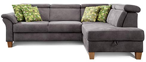Cavadore Schlafsofa Ammerland mit Ottomane rechts / Federkern-Sofa im Landhausstil mit verstellbaren Kopfstützen, Bett und Bettkasten / 245 x 84 x 194 / Lederoptik dunkelgrau
