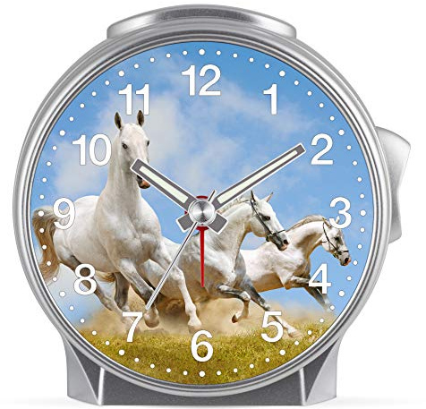 Eurotime Kinder Wecker für Mädchen mit Pferde-Motiv, Kunststoffgehäuse und Kunststoffglas, geräuscharmer Wecker, kein Ticken, mit Licht und Weckwiederholung, 29614-07