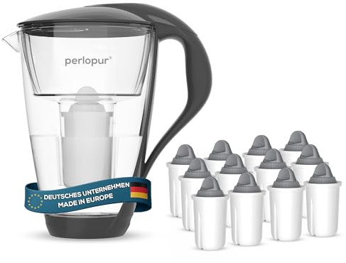 perlopur® Glas-Wasserfilter (anthrazit) +12 Filterkartuschen Protect+ | Borosilikatglas, 2 l gesamt, 1 l gefiltert, LED-Anzeige, für classic Kartuschen, für sehr hartes Wasser, starke Entkalkung