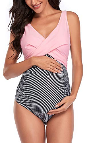 SUMMERSUNSHINE Traje de baño de Maternidad de una Pieza con Parte Delantera Cruzada para Embarazo, Traje de baño de Maternidad Rosado/Rayas M