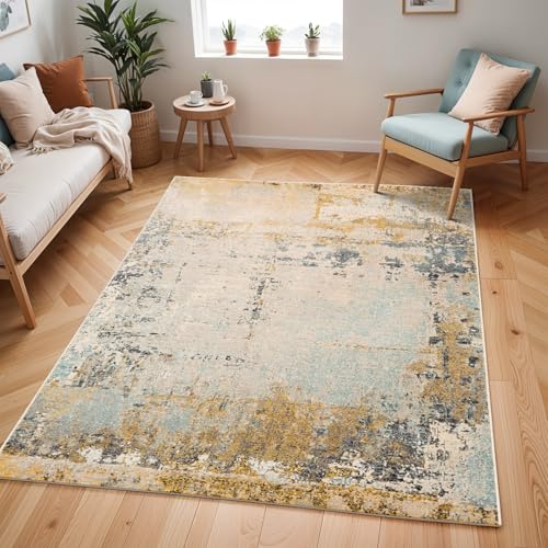 Livabliss Lublin Wohnzimmer Teppich modern – Abstrakt Design in Marmor Optik für Wohnzimmer 160x220 cm, Esszimmer, Schlafzimmer - Marmor Teppiche groß, weicher Teppich Kurzflor in Beige, Gelb, Grau