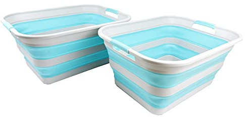 SAMMART 42L 2er-Set zusammenklappbarer Wäschekorb aus Kunststoff – faltbarer Pop-Up-Aufbewahrungsbehälter/Organizer – tragbare Waschwanne – platzsparender Wäschekorb (Grau/Cyanin)