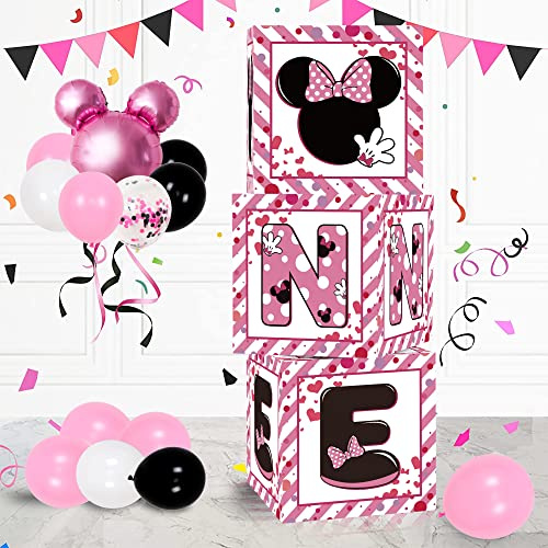 1st First Birthday Party Favors Balloon Boxes Supplies for Baby, Girls 3Pcs Pink Mouse Theme One Year Old Balloon Boxes, 'ONE' Letters Balloon Arch Kit for Party Decorations