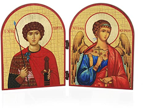 NKlaus San Jorge asesino y ángel de la guarda díptico icono de madera 23,5x16cm 11088