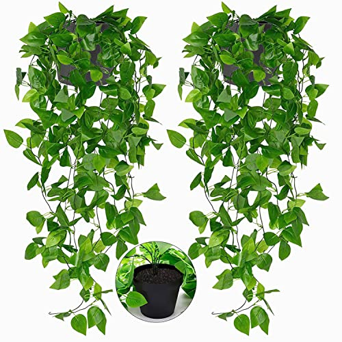 Toprooms 2 Pack Fake Hanging Plants with Pot,Artificial Hanging Plant Fake Plants Faux Ivy Vine Wall Hanging Plants Greenery Shelf Home Office Indoor Outdoor Decor (Green Faux Ivy Vine, 2 Potted)