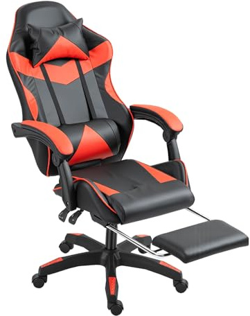 Panana Gaming Racing Desk Chair Adjustable Hight Swivel Chair with Lumbar and Head Pillow (Red)