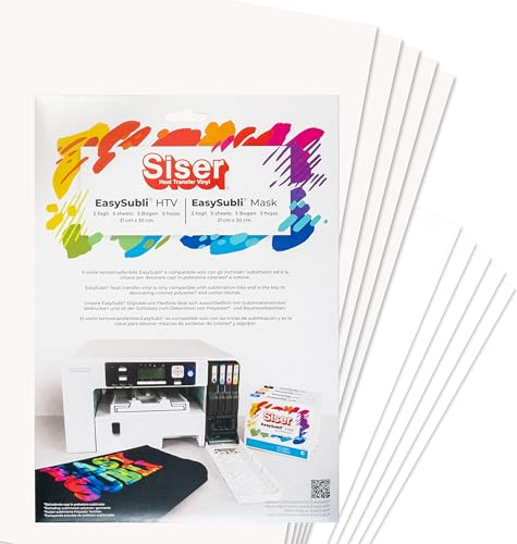 Siser Easy Subli pack 5+5, vinile termotrasferibile termoadesivo stampabile con stampanti ad inchiostri sublimatici. 5 fogli formato a4 di Easy subli e 5 fogli formato A4 di application tape