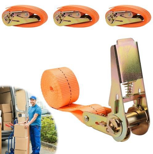 4 Stück Zurrgurte mit Ratsche,2M Lange 25mm Breit Ratschengurt,Robust Befestigungsgurt Set,Verstellbare Spanngurte mit Klemmschloss für Motorrad,Gepäckpakete,Ladungssicherung,Belastbar bis 1t,Orange