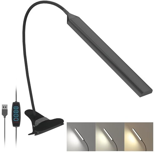 LUTW Klemmlampe LED Dimmbar, 3 Modi 10 Helligkeitsstufen Klemmleuchte USB Aufladbar, 360° Schwanenhals Augenschutz Schreibtischlampe LED für Büro Kopfteil Videokonferenz, 8W Schwarz
