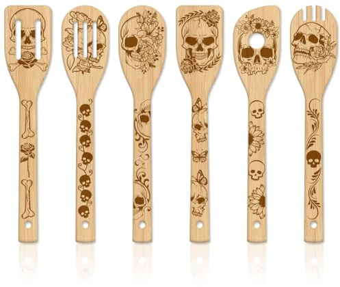 GLOBLELAND 6 Pièces Ustensiles de Cuisine en Bambou Squelette Ensemble de Cuillères de Cuisine Gravées en Bois Spatule en Bambou Cuillère de Cuisson en Bois pour Mère l'amie Femmes Cadeau