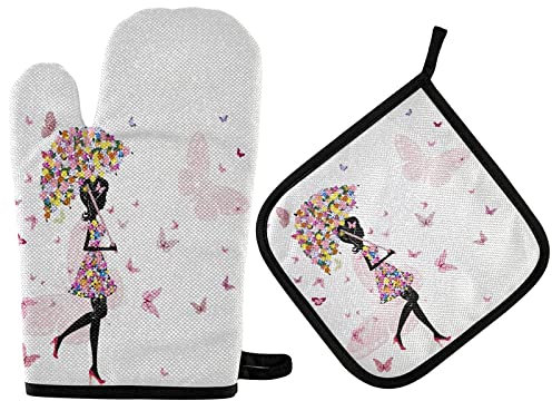 Ofenhandschuhe Blumenmädchen Schmetterling Einzigartiger Blumenschirm Kochhandschuhe Anti-Rutsch Grillhandschuhe Hitzeresistente Topfhandschuhe Für Mikrowelle Backen Kochen