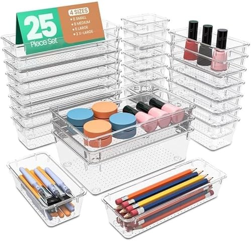 KICHLY Organizador de cajones de plástico 25 piezas, organizador de tocador en 4 tamaños, sistema de organización y almacenamiento de acrílico para tocador, baño, oficina, cocina, dormitorio