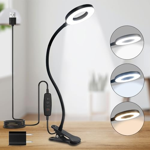 LQWELL® Lampara Escritorio Pinza LED, Luz De Lectura Con Clip, 3 Temperaturas De Color, 10 Niveles De Brillo Y AtenuaciÓN Continua, Flexible De 360° Para Oficina En Casa (Longitud Del Cuello 40 Cm)