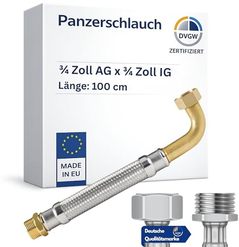 DVGW Gep. Tubo corazzato 3/4-1 pollici, 30-150 cm, tubo flessibile, DN25&DN19, collegamento acqua, riscaldamento, impianto di addolcimento (100 cm, dado di accoppiamento da 3/4 con arco x tubo