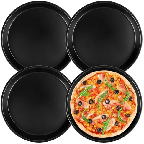 DINSONG Pizza Tray, 8 inch Round Baking Tray Set of 4, Non Stick Dishwasher Safe Pan, Carbon Steel Pizza Oven Tray for Baking Oven Applicable (20cm, Black)