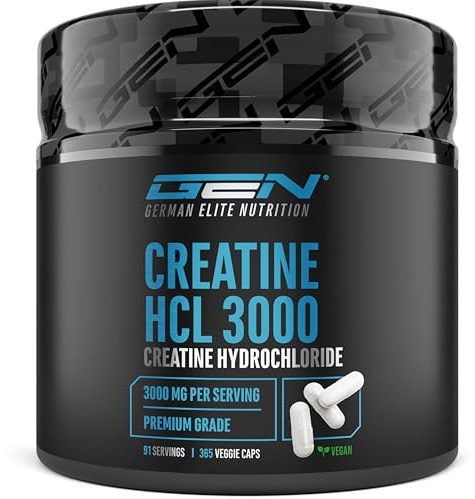 Creatine HCL – 365 cápsulas – Alta dosis con 3000 mg de clorhidrato de creatina por dosis diaria – Máxima absorción y biodisponibilidad – 100% vegano