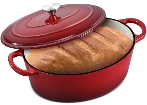 Leonyo - Horno holandés ovalado de 7 cuartos con tapa, horno holandés ovalado de hierro fundido esmaltado de 7 cuartos para romper pan de masa madre, utensilios de cocina resistentes para estofar,