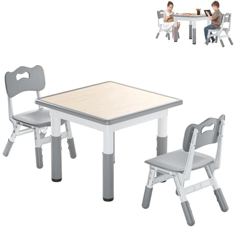 AufuN Barnbord med 2 stolar, barnbordsgrupp med justerbar höjd, barnrumsbord och stoluppsättningar för dagis, barnmöbler av plast, sittgrupp för pojkar flickor, 60 x 60 x 60 cm