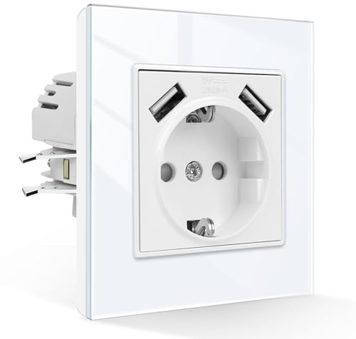 CNBINGO Schuko Steckdose mit USB 16 Amp Steckdose mit Steckklemme Kristall Unterputz Steckdose - Einzel USB Steckdose Weiß - 1 Fach Wandsteckdose mit Glasrahmen