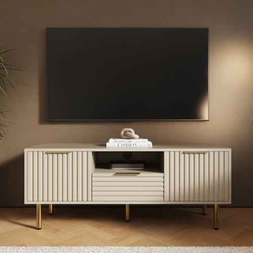 GFW Nervata TV Unit in Ivory, Art Deco Entertainment Stand with Drawer, Cupboards & Gold Effect Accents
