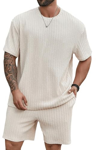 QUNERY Ensemble Homme Ete Survêtement Jogging 2 Pièces Tracksuit T-shirt + Short avec Poches Vacances Plage Costumes Abricot M